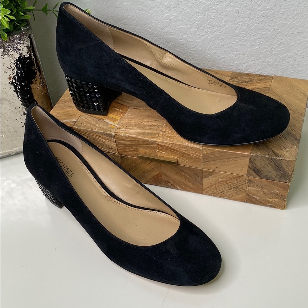 Michael Kors Arabella Kitten‎ Suede Pumps, Rhinestone Block Heel, Black Size 8